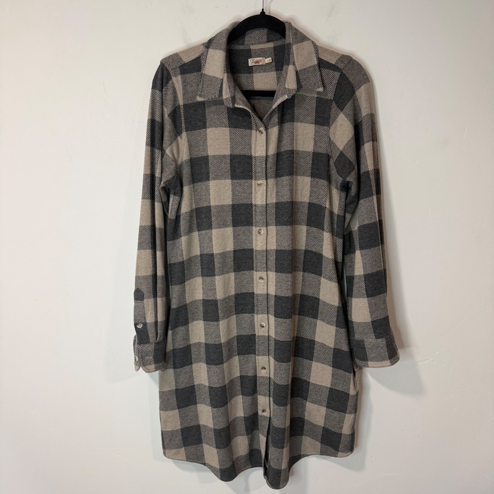 Faherty Womens Legend Flannel Shirt Dress Medium Grey Plaid Buffalo Check